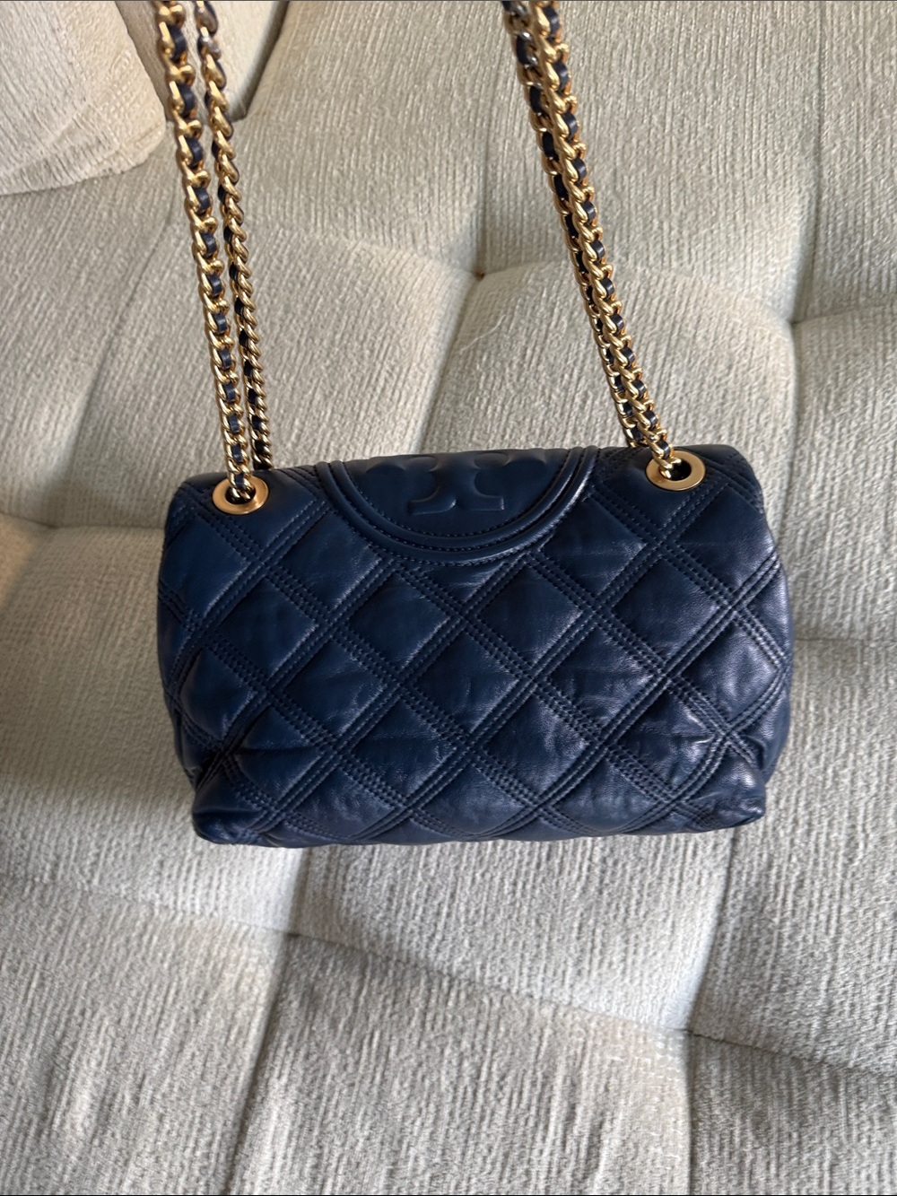 Tory Burch fleming soft convertible shoulder Bag Leather Quilted Chain Dark Blue - Picture 6 of 16